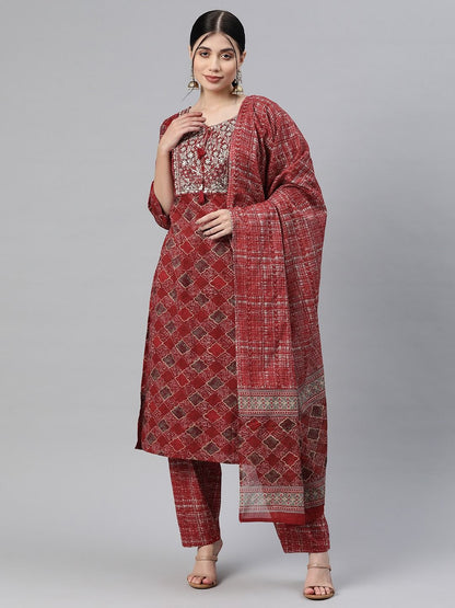 Straight Style Cotton Fabric Maroon Color Kurti And Bottom With Dupatta
