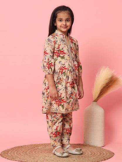 Frock Style Cotton Fabric Beige Color Kurti And Bottom