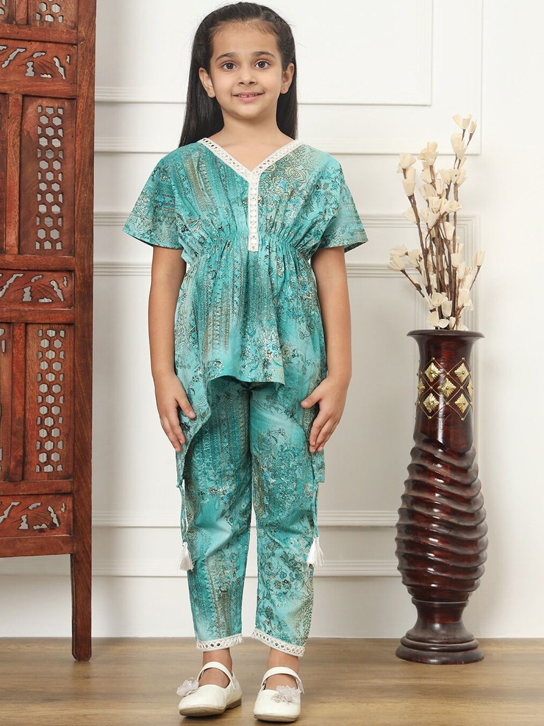 Kaftan Style Cotton Fabric Green Color Top And Bottom