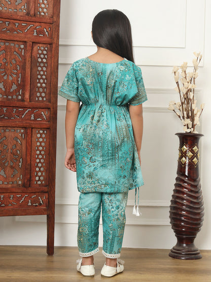Kaftan Style Cotton Fabric Green Color Top And Bottom