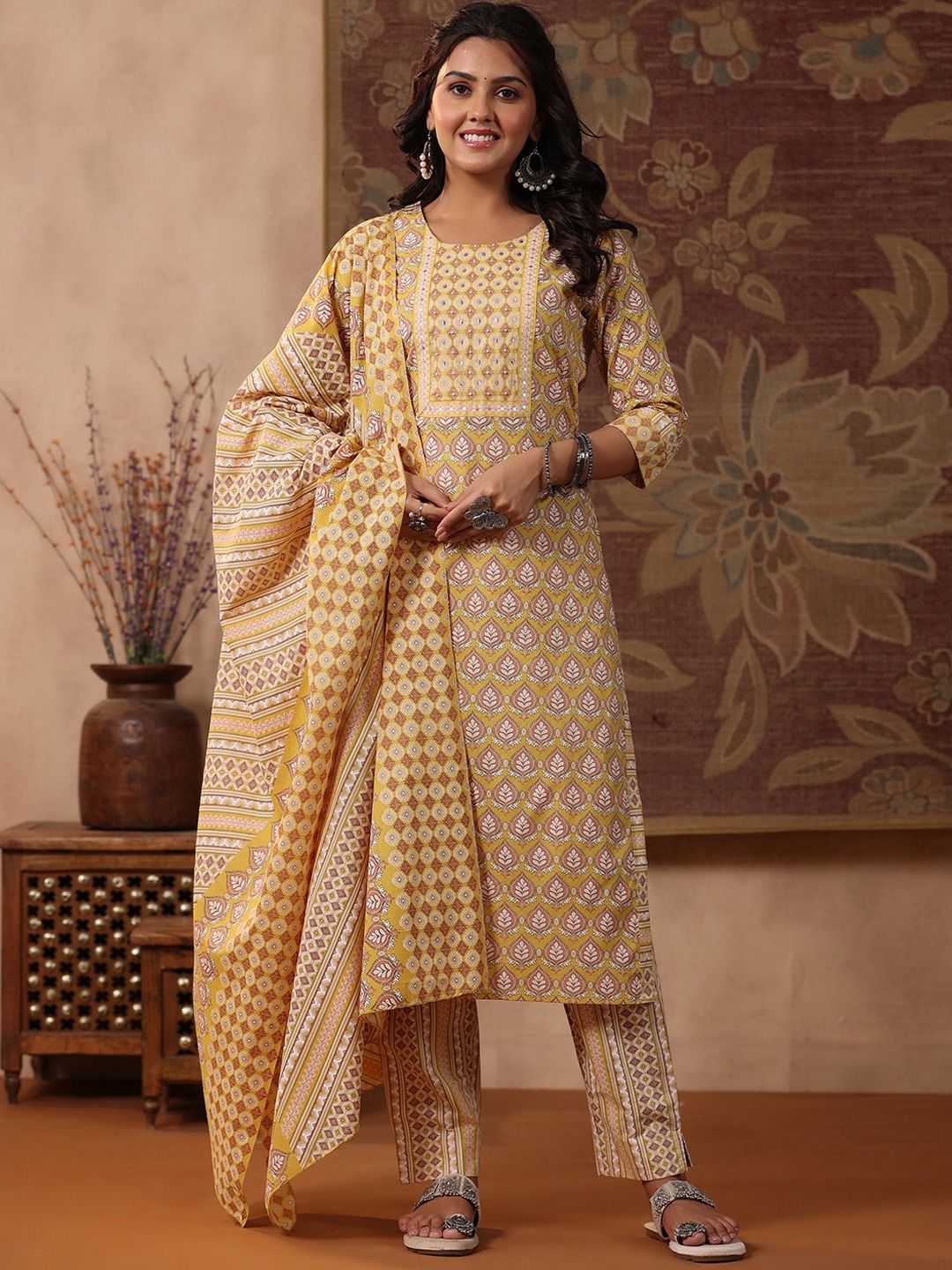 Straight Style Cotton Fabric Mustard Color Kurti And Bottom With Dupatta