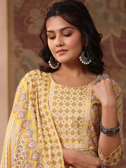 Straight Style Cotton Fabric Mustard Color Kurti And Bottom With Dupatta
