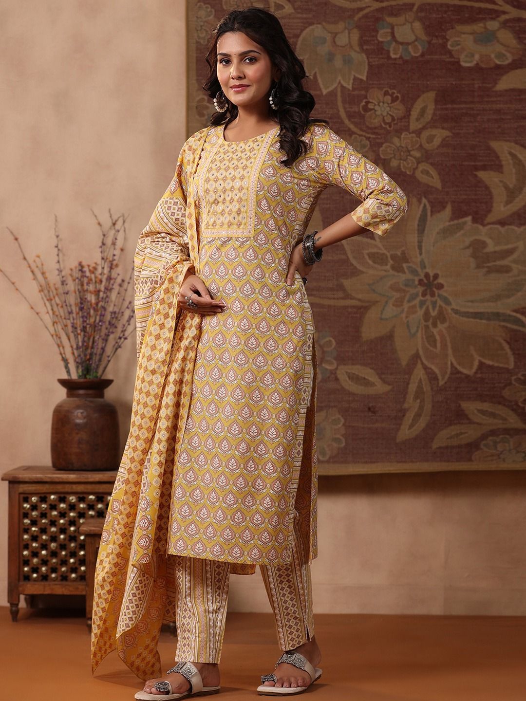 Straight Style Cotton Fabric Mustard Color Kurti And Bottom With Dupatta