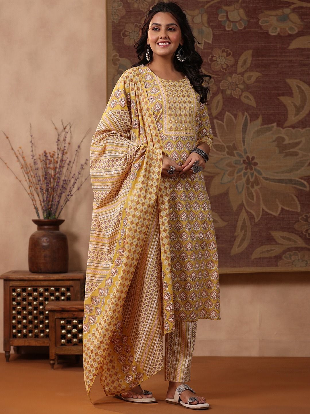 Straight Style Cotton Fabric Mustard Color Kurti And Bottom With Dupatta
