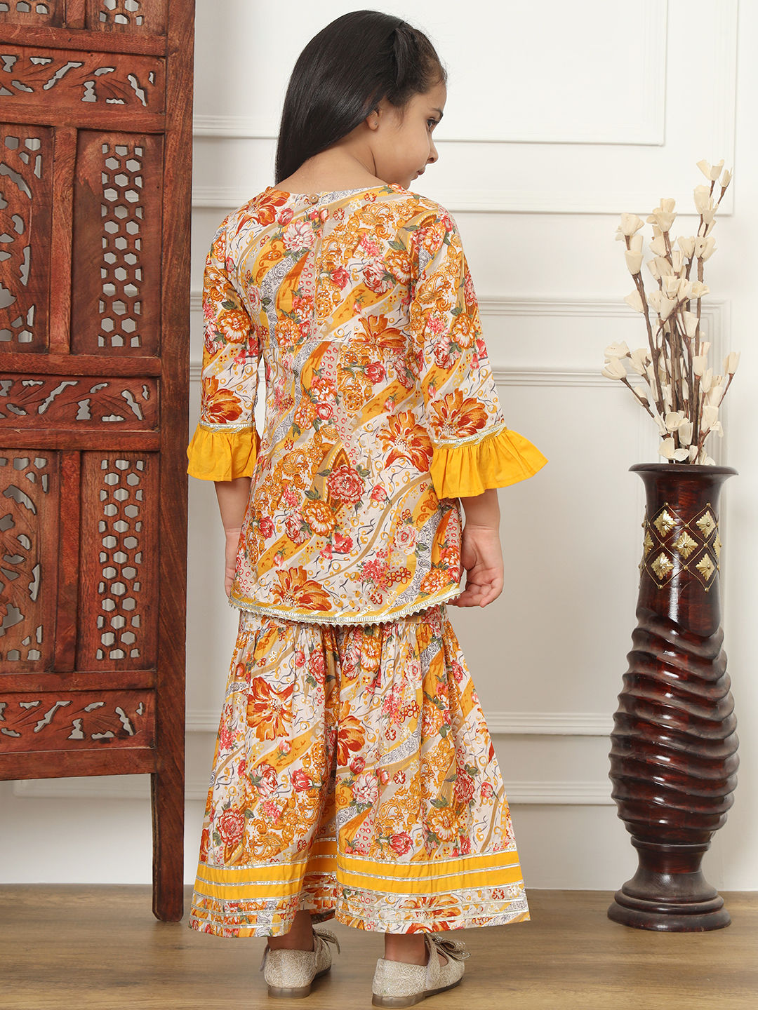 A-Line Style Cotton Fabric Mustard Color Kurti And Sharara