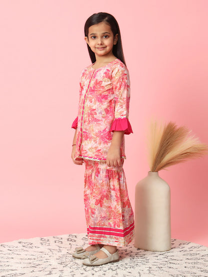 A-Line Style Cotton Fabric Pink Color Kurti And Sharara