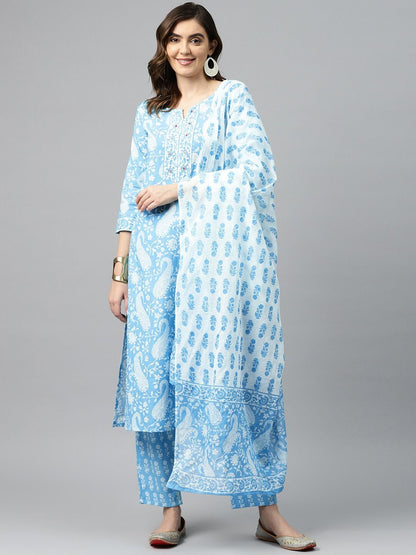 Straight Style Cotton Fabric Blue Color Kurta And Bottom With Dupatta