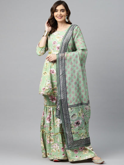 Anarkali Style Silk Crepe Fabric Green Color Kurta And Sharara With Dupatta