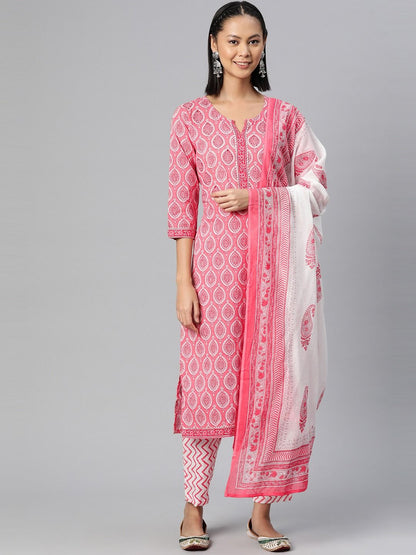 Straight Style Cotton Fabric Pink & White Color Printed Kurti With Pyjama & Dupatta