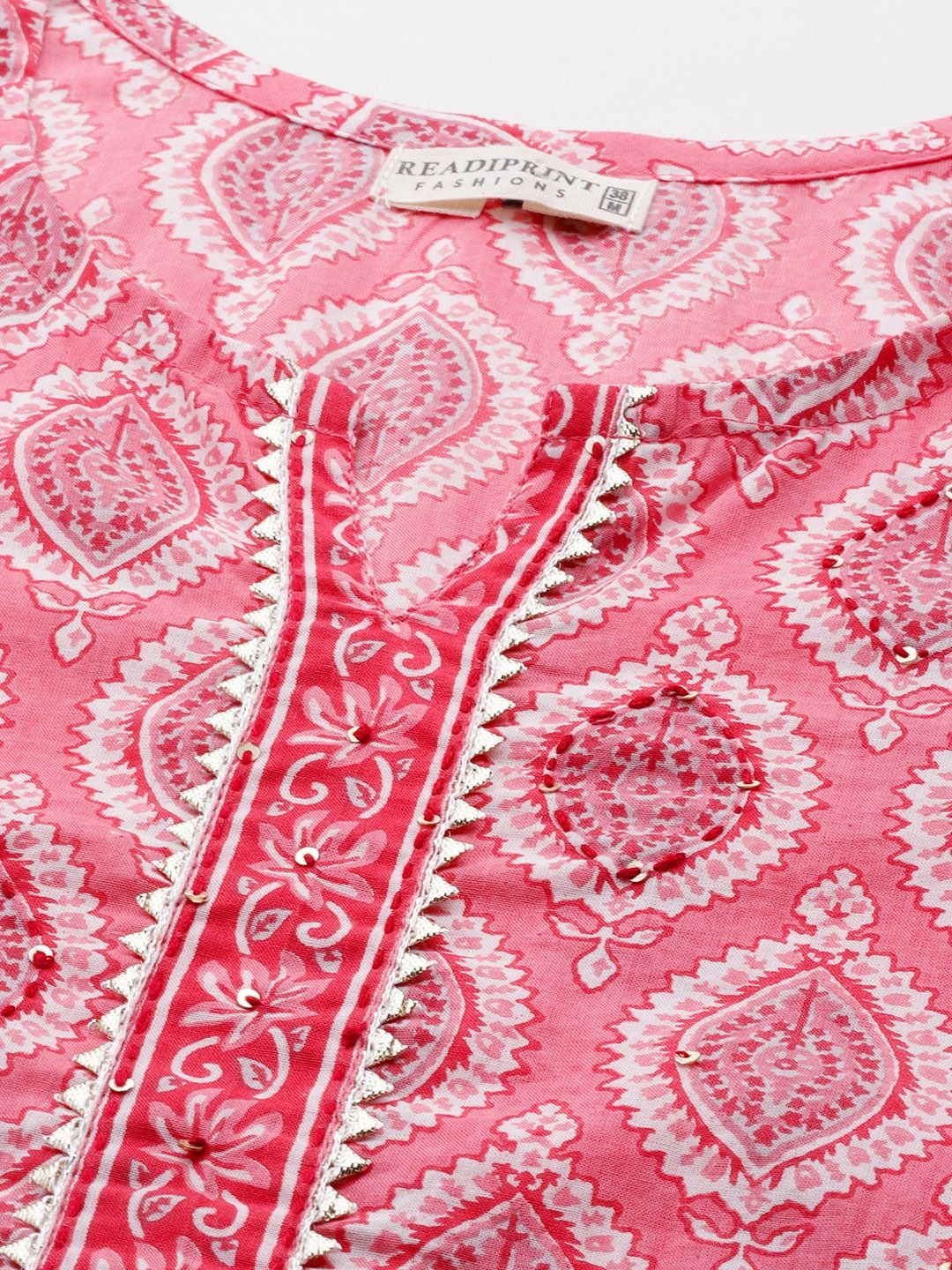 Straight Style Cotton Fabric Pink & White Color Printed Kurti With Pyjama & Dupatta