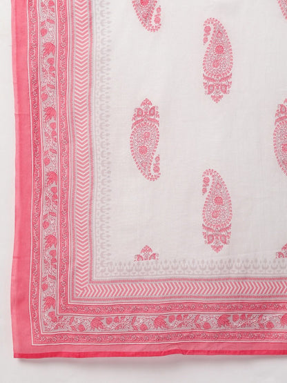 Straight Style Cotton Fabric Pink & White Color Printed Kurti With Pyjama & Dupatta
