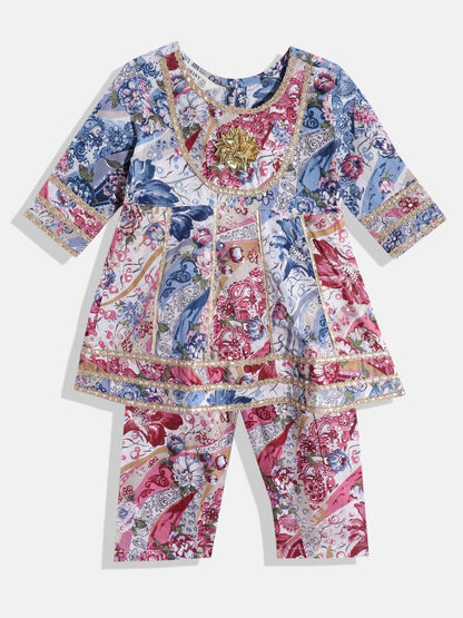 Anarkali Style Cotton Fabric Blue Color Kurti And Pyjama
