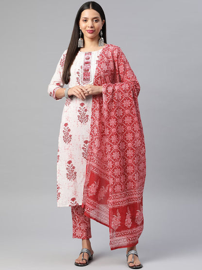 Straight Style Cotton Fabric Red Color Kurti And Bottom With Dupatta