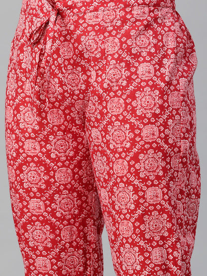 Straight Style Cotton Fabric Red Color Kurti And Bottom With Dupatta