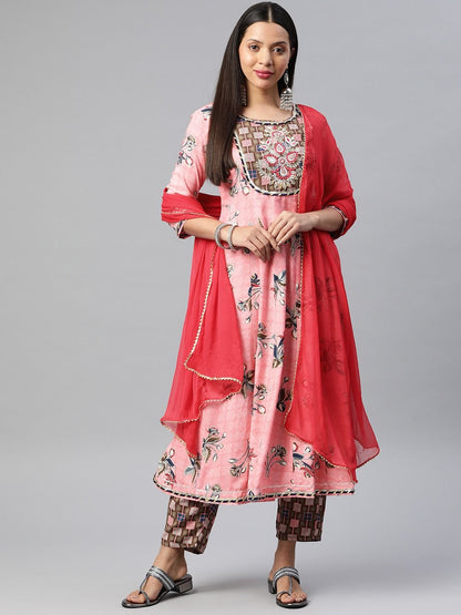 Anarkali Style Rayon Fabric Pink Color Kurti With Bottom And Dupatta