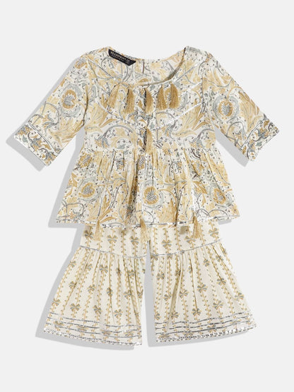 Frock Style Cotton Fabric Beige Color Printed Kurti With Sharara