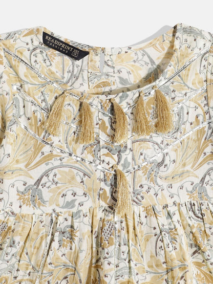 Frock Style Cotton Fabric Beige Color Printed Kurti With Sharara