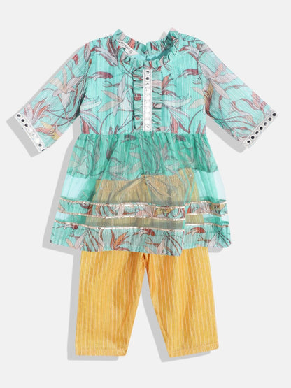 Frock Style Organza Fabric Sea Green Color Printed Frock With Pyjama