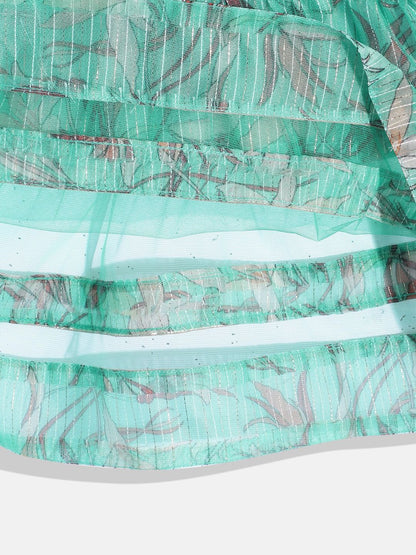 Frock Style Organza Fabric Sea Green Color Printed Frock With Pyjama