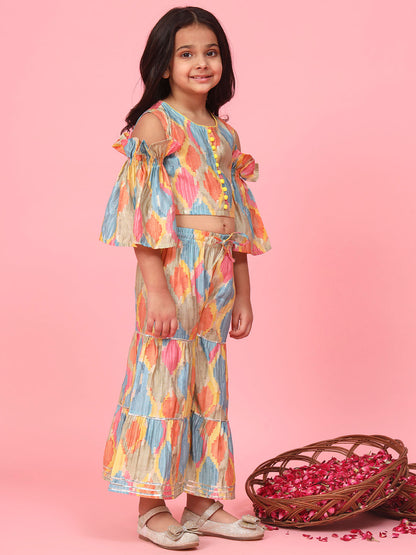 Straight Style Silk Fabric Multi Color Printed Top With Sharara