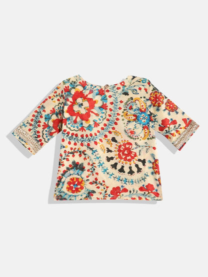 Straight Style Cotton Fabric Beige Color Printed Kurti With Palazzo