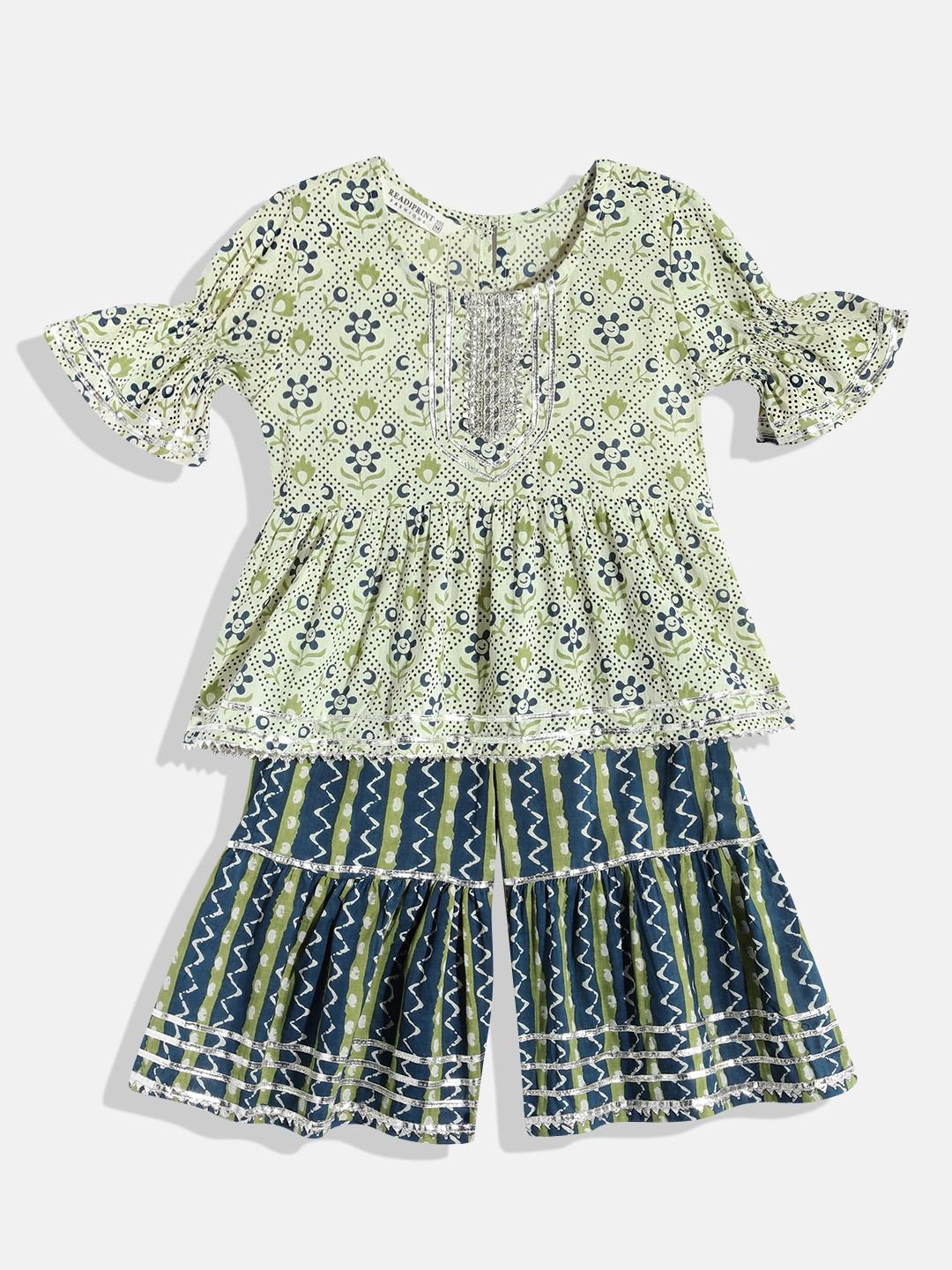 Frock Style Cotton Fabric Green Kurta Set