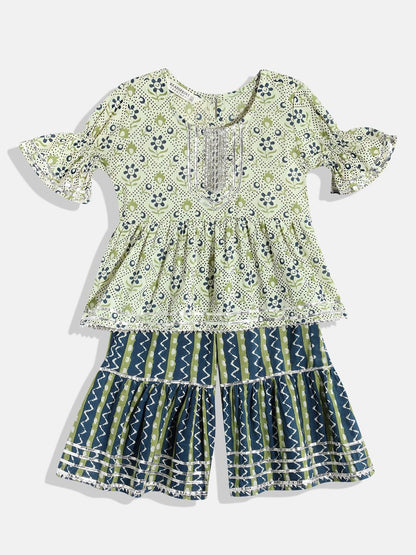 Frock Style Cotton Fabric Green Kurta Set