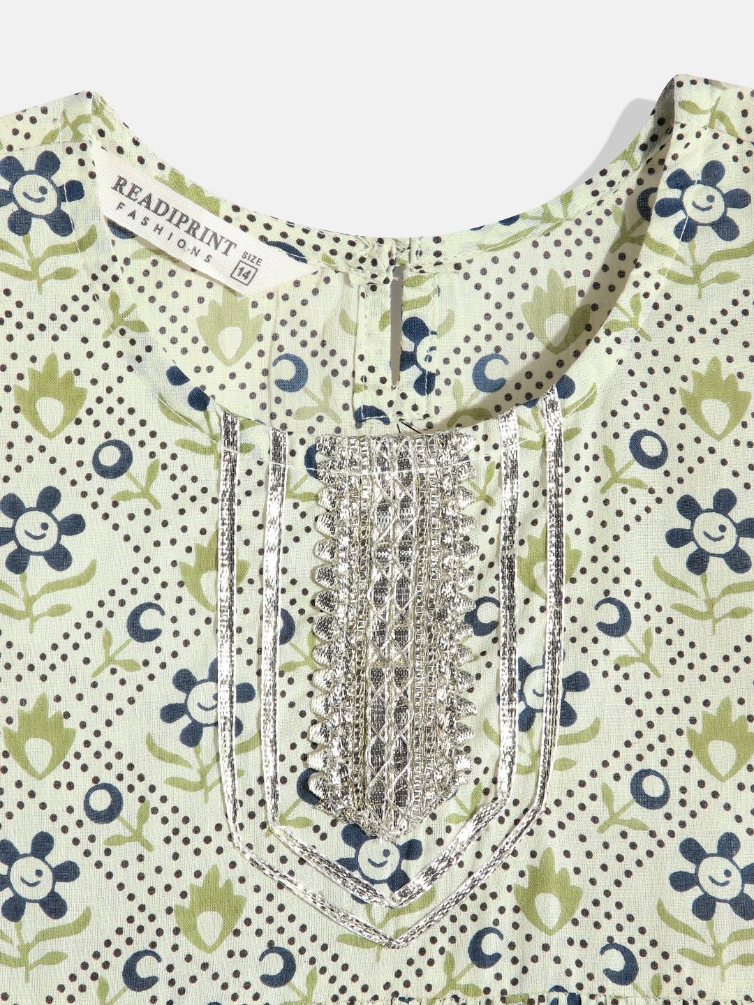 Frock Style Cotton Fabric Green Kurta Set