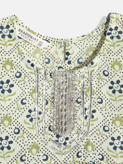 Frock Style Cotton Fabric Green Kurta Set