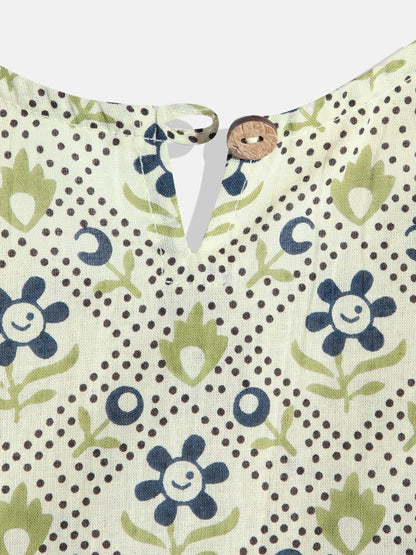 Frock Style Cotton Fabric Green Kurta Set