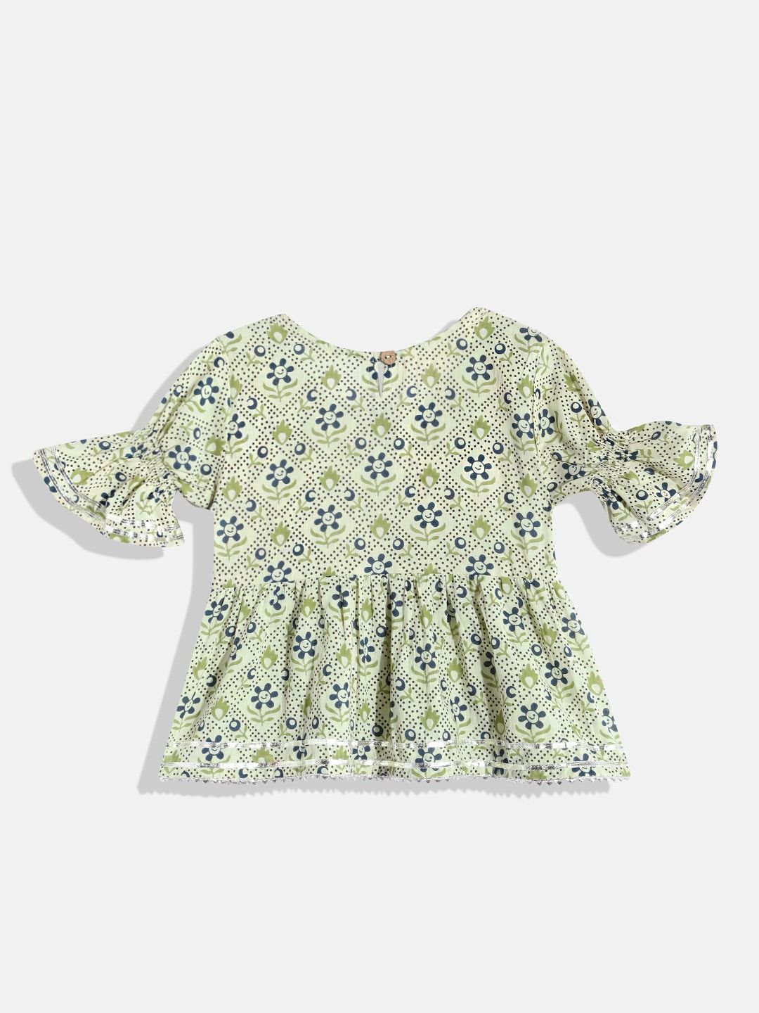 Frock Style Cotton Fabric Green Kurta Set