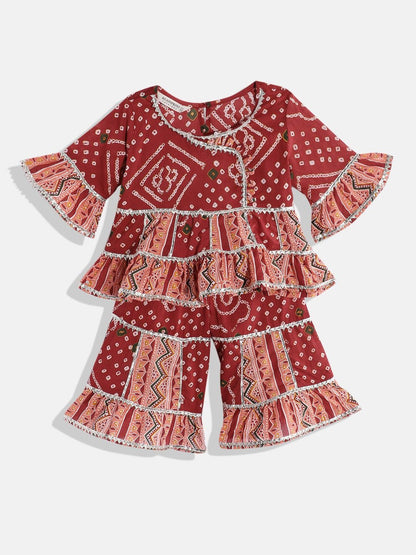Frock Style Cotton Fabric Maroon Color Kurti With Sharara