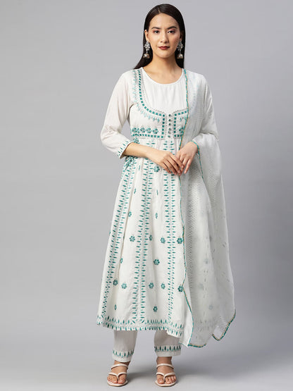 Anarkali Style Cotton Fabric White & Blue Color Kurta With Bottom & Dupatta