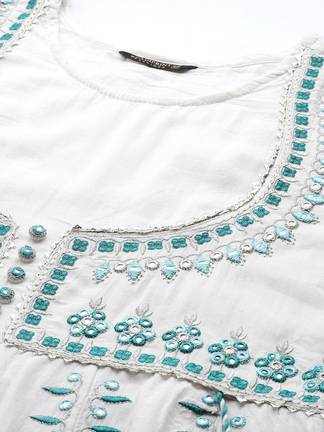 Anarkali Style Cotton Fabric White & Blue Color Kurta With Bottom & Dupatta