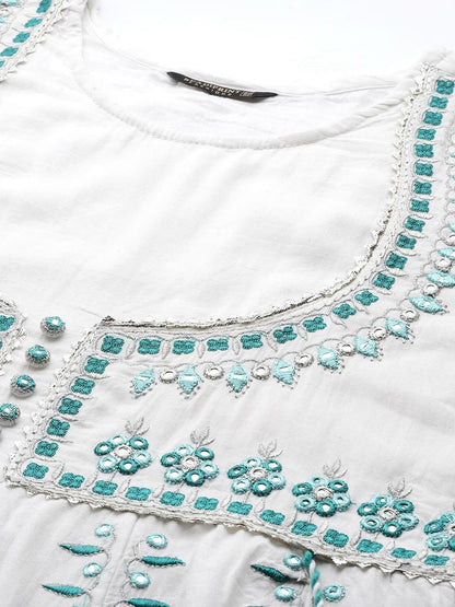 Anarkali Style Cotton Fabric White & Blue Color Kurta With Bottom & Dupatta
