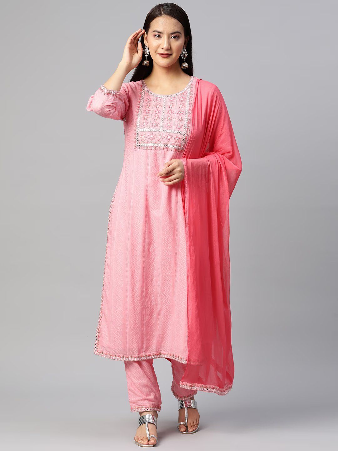 Straight Style Cotton Fabric Pink Color Kurta With Bottom & Dupatta