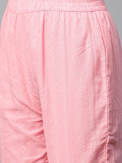 Straight Style Cotton Fabric Pink Color Kurta With Bottom & Dupatta