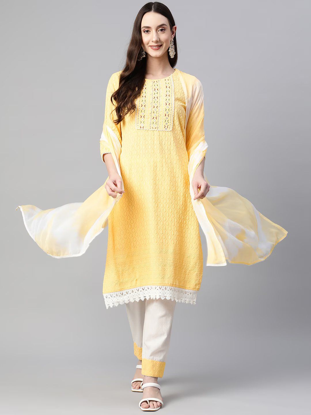 Straight Style Cotton Fabric Yellow Color Kurta With Bottom & Dupatta