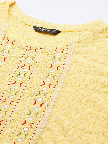 Straight Style Cotton Fabric Yellow Color Kurta With Bottom & Dupatta