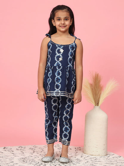 Frock Style Cotton Fabric Blue Color Tie Dye Kurti With Pyjama
