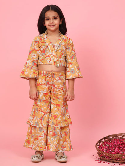 Straight Style Cotton Fabric Mustard Color Printed Top And Sharara
