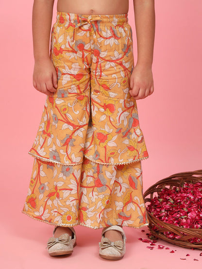 Straight Style Cotton Fabric Mustard Color Printed Top And Sharara