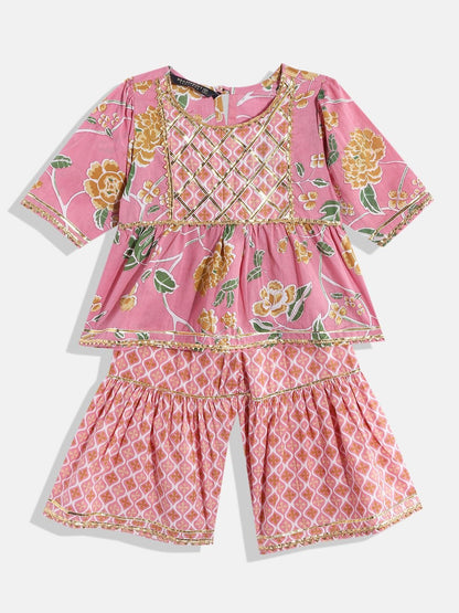 Frock Style Pink Color Cotton Fabric Kurti With Sharara