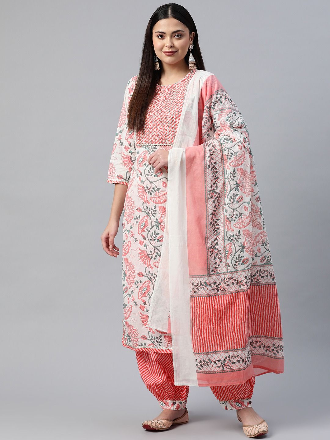 Straight Style Cotton Fabric White & Pink Color Kurta With Bottom With Dupatta