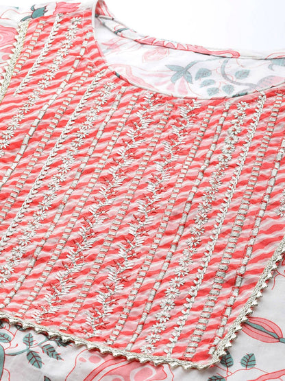 Straight Style Cotton Fabric White & Pink Color Kurta With Bottom With Dupatta
