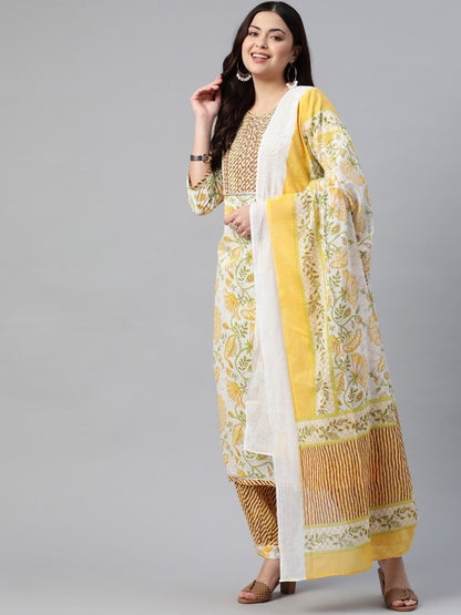 Straight Style Cotton Fabric White & Yellow Color Kurta With Bottom With Dupatta