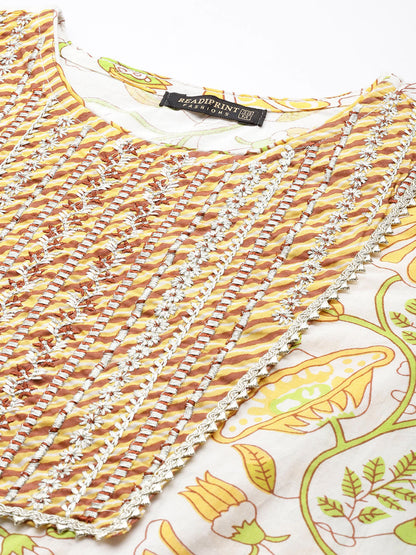 Straight Style Cotton Fabric White & Yellow Color Kurta With Bottom With Dupatta