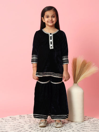 Straight Style Velvet Fabric Navy Blue Color Kurta And Sharara