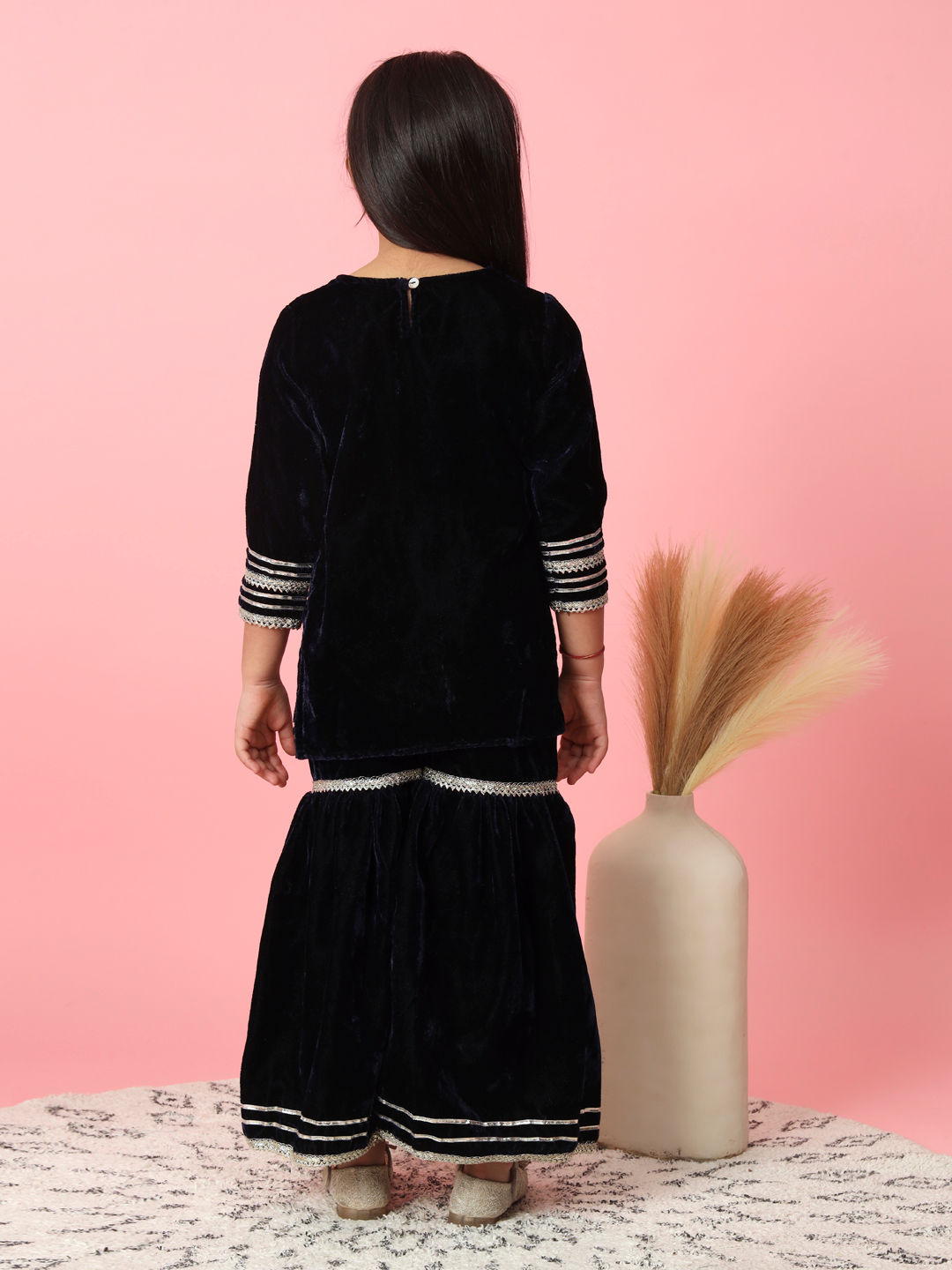 Straight Style Velvet Fabric Navy Blue Color Kurta And Sharara