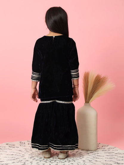 Straight Style Velvet Fabric Navy Blue Color Kurta And Sharara